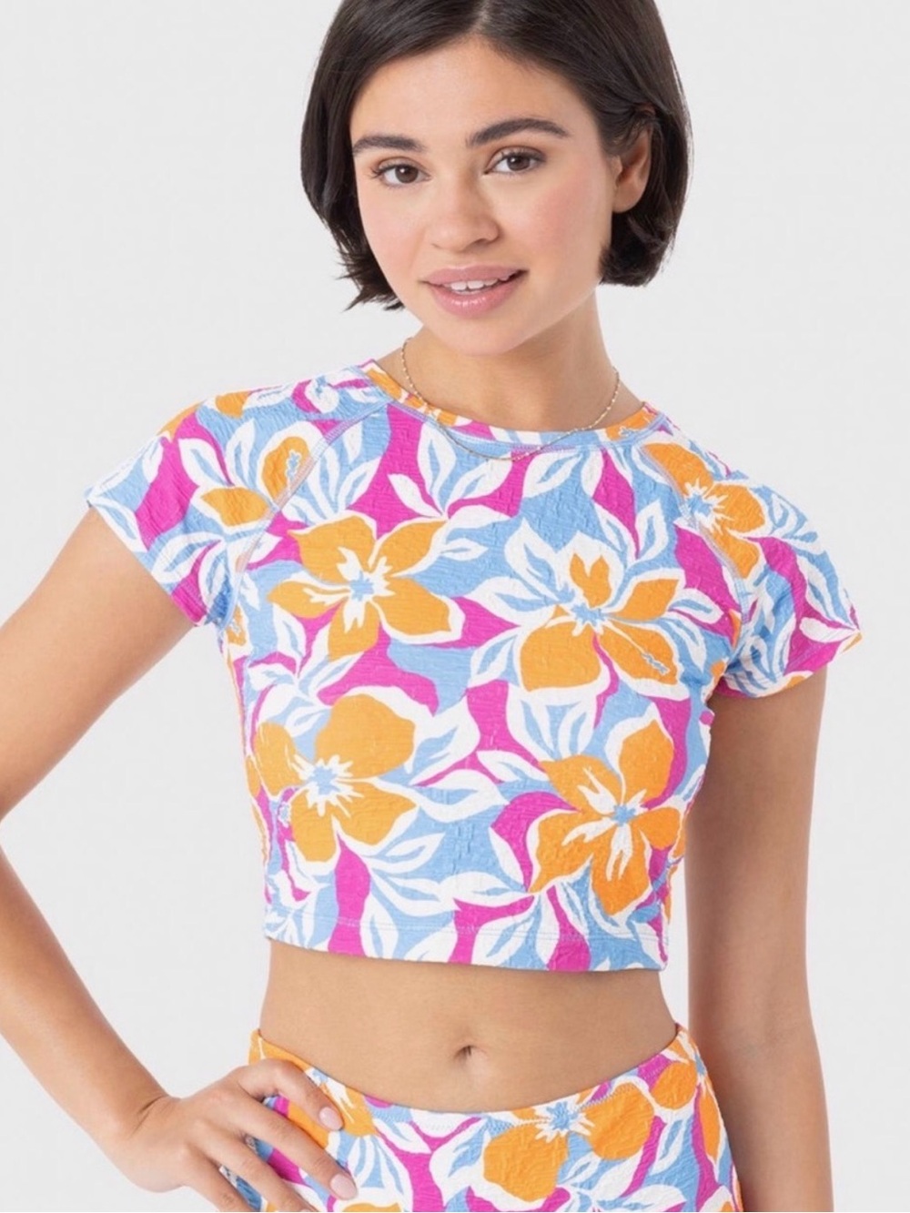 Roxy Floral Crop Top in Pink, Blue & Orange